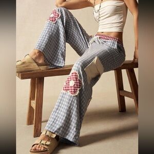 Flower Patchwork Pants Wide Leg Blue plaid stripe cargo pocket
